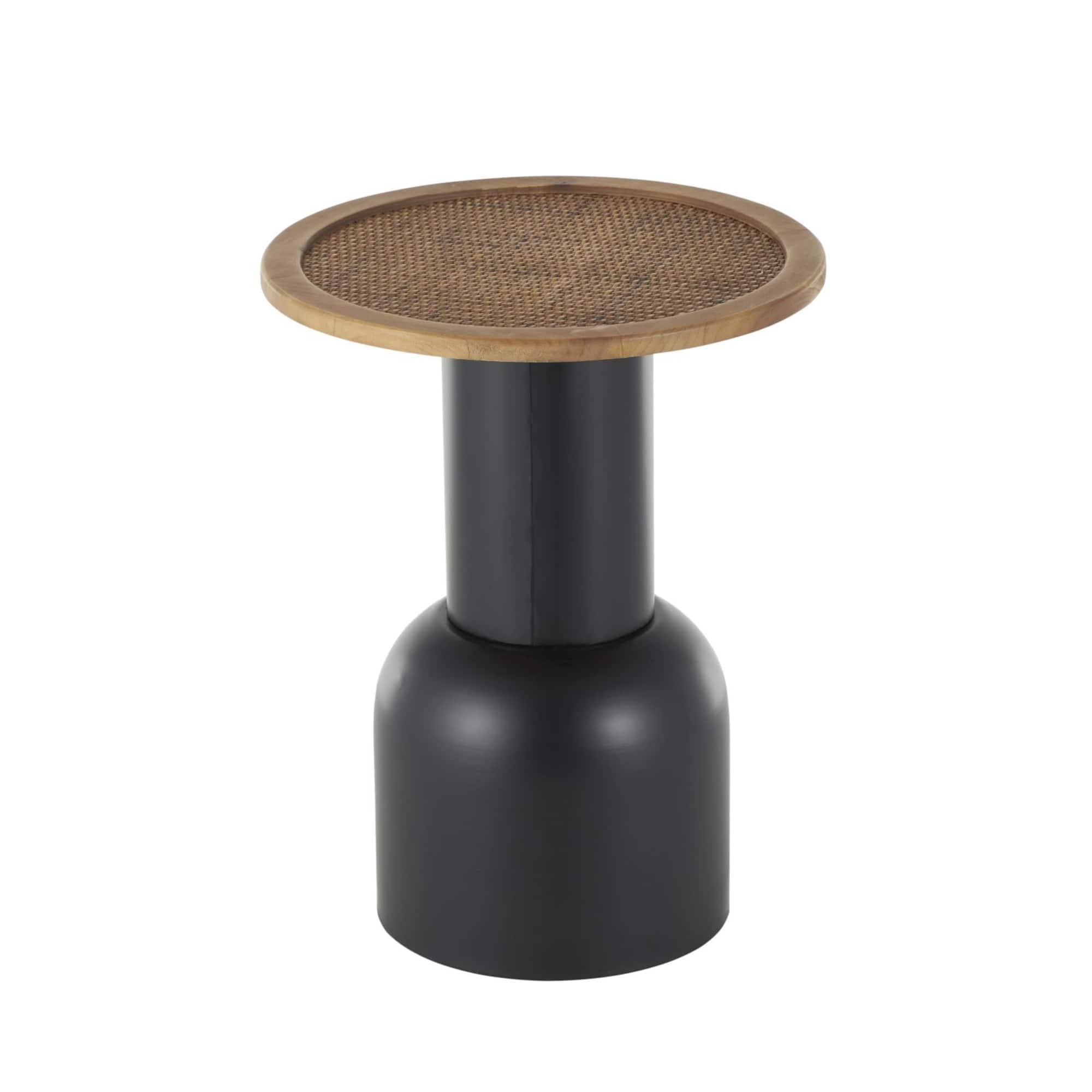 20" Black Metal Handmade Pedestal Accent Table with Brown Rattan Tabletop